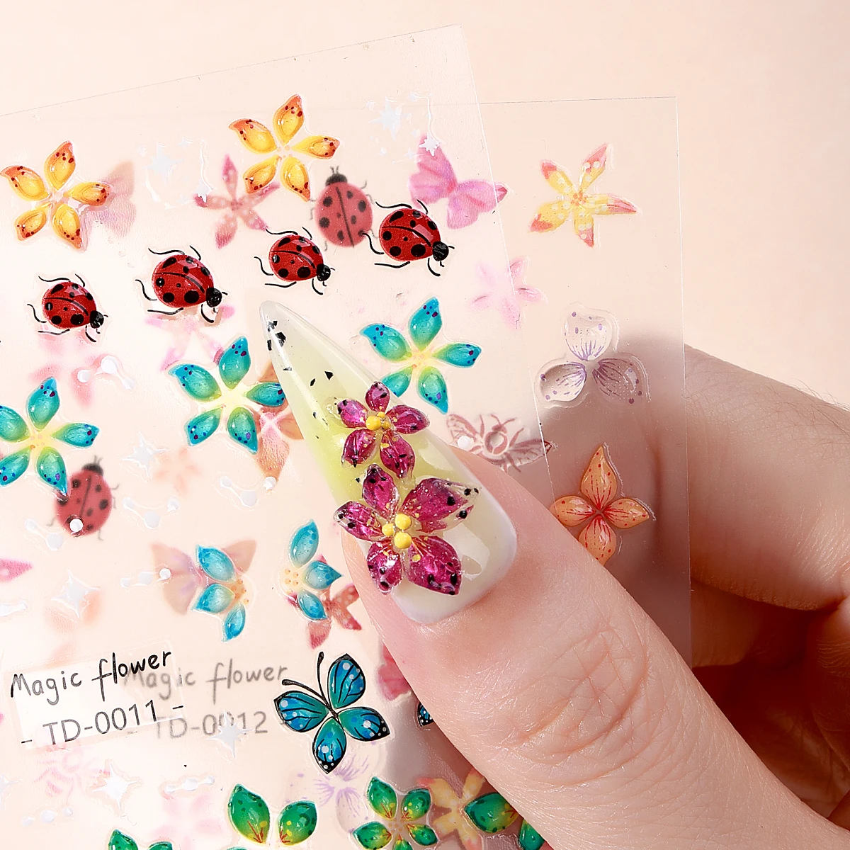 5D Embossed Spring Flowers Nail Art Sticker Butterfly Ladybird Self-Adhesive Decals Sliders for Nails DIY Manicure Decoration