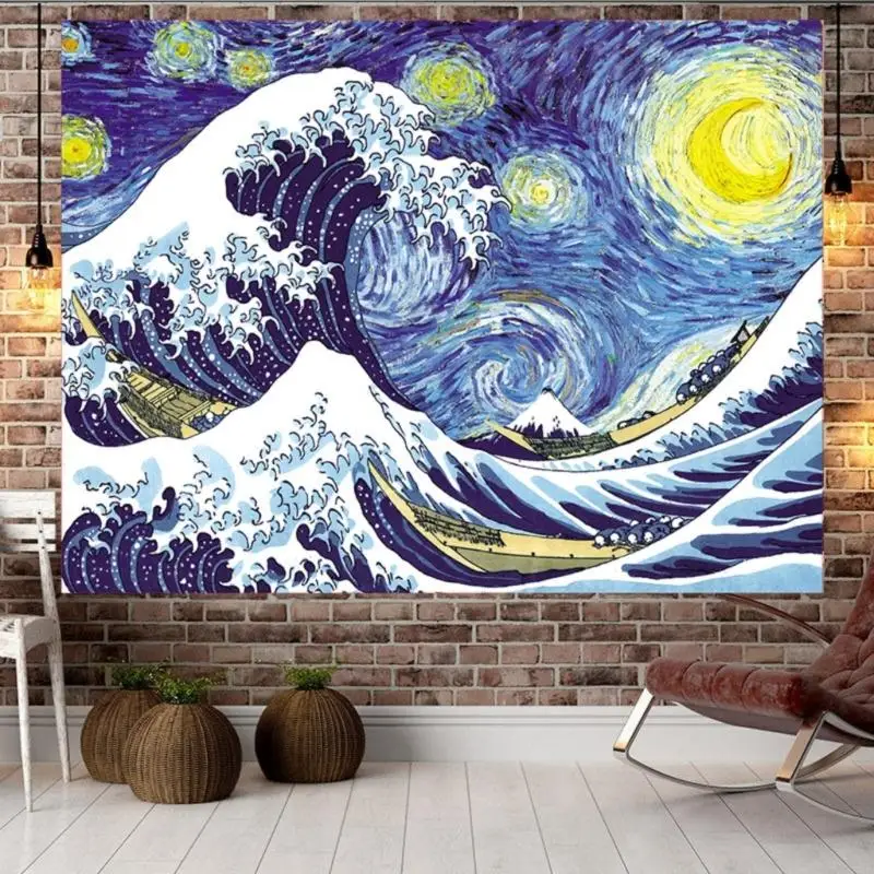 اليابانية موجات عظيمة الفن نسيج البوليستر تتلاشى مقاومة معلقة خلفية مناسبة للديكور الشقة والهدايا Y5GB