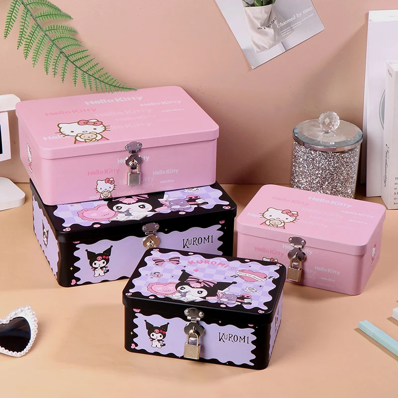 Kawaii Sanrio Hello Kitty Tinplate Box Kuromi Desktop Storage Box W/Lock Cosmetics Jewelry Organizer Candy Storage Box