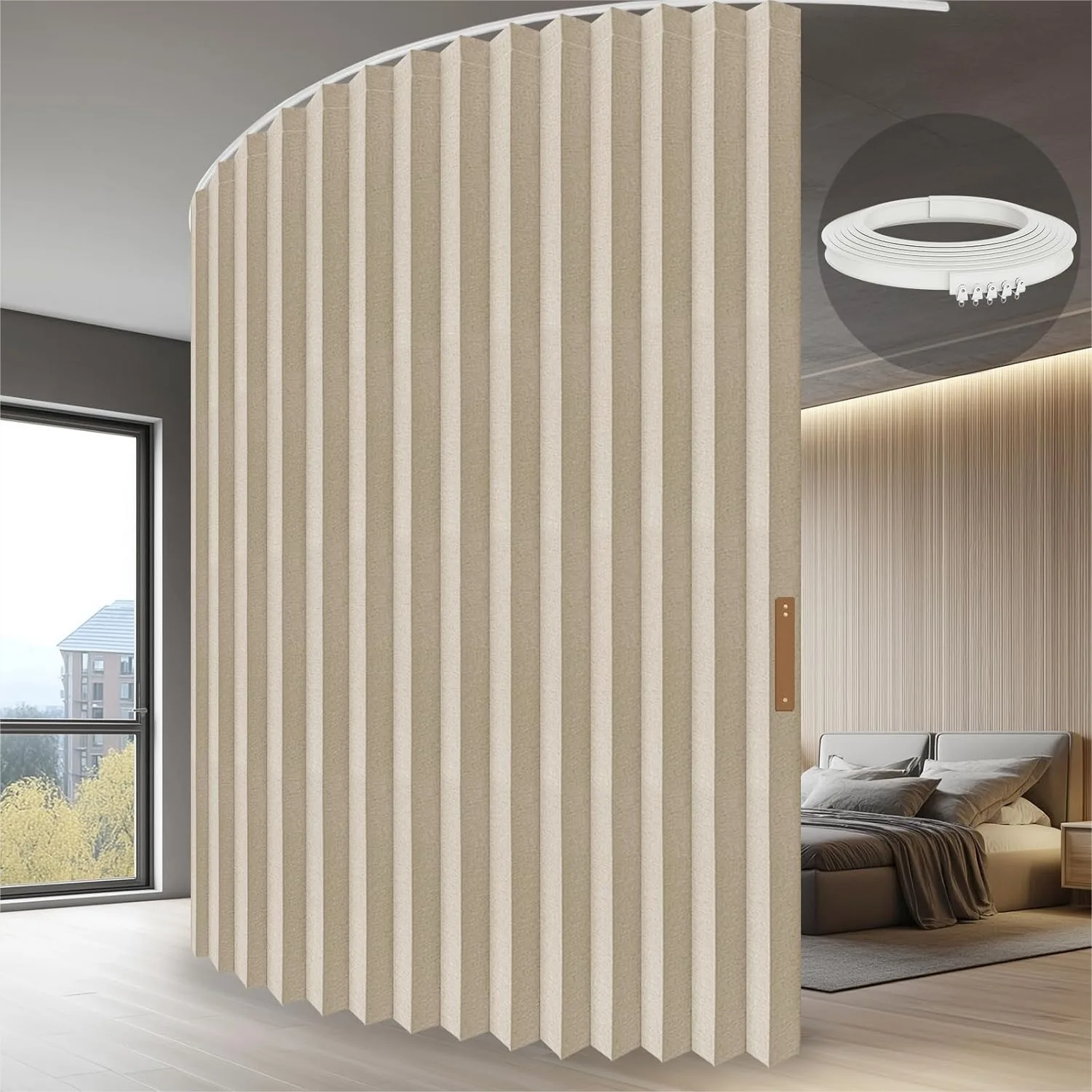 

Accordion Folding Room Partition with Ceiling Track - Retractable Room Divider Curtain, Full Blackout, Easy Setup, Beige 100"W x