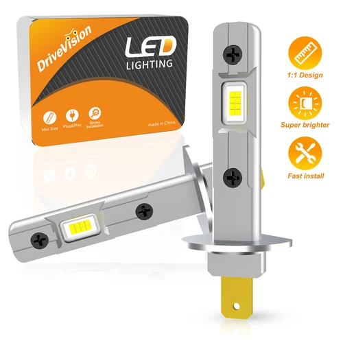 Imagen 1 del producto DRIVEVISION 2 uds H1 bombilla de faro Led diseño de tamaño Mini inalámbrico para lámpara Led de coche 16 Uds Chips CSP 6500K blanco 12V Plug and Play