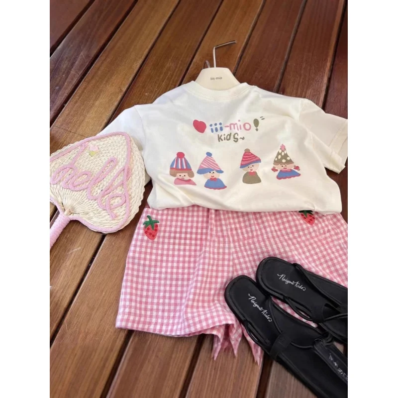 

Girls' Summer Outfit New Sweet Printed Short Sleeve SetTTrendy Strawberry Plaid Shorts Baby Summer Two-Piece Set