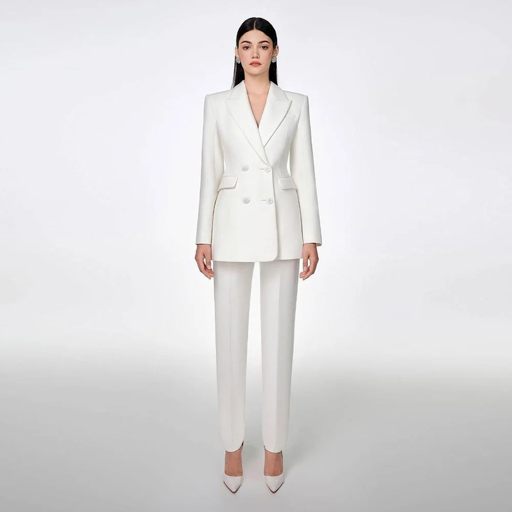

White Slim Women Two Pieces Suit Set Double Breasted Peak Lapel Jacket Pants Sets Office Banquet Wedding Elegant Female Clothing