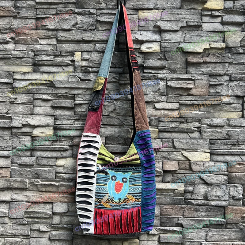 

Indian Nepalese hippie personalized crossbody bag, washed and worn-out wandering style patchwork shoulder bag