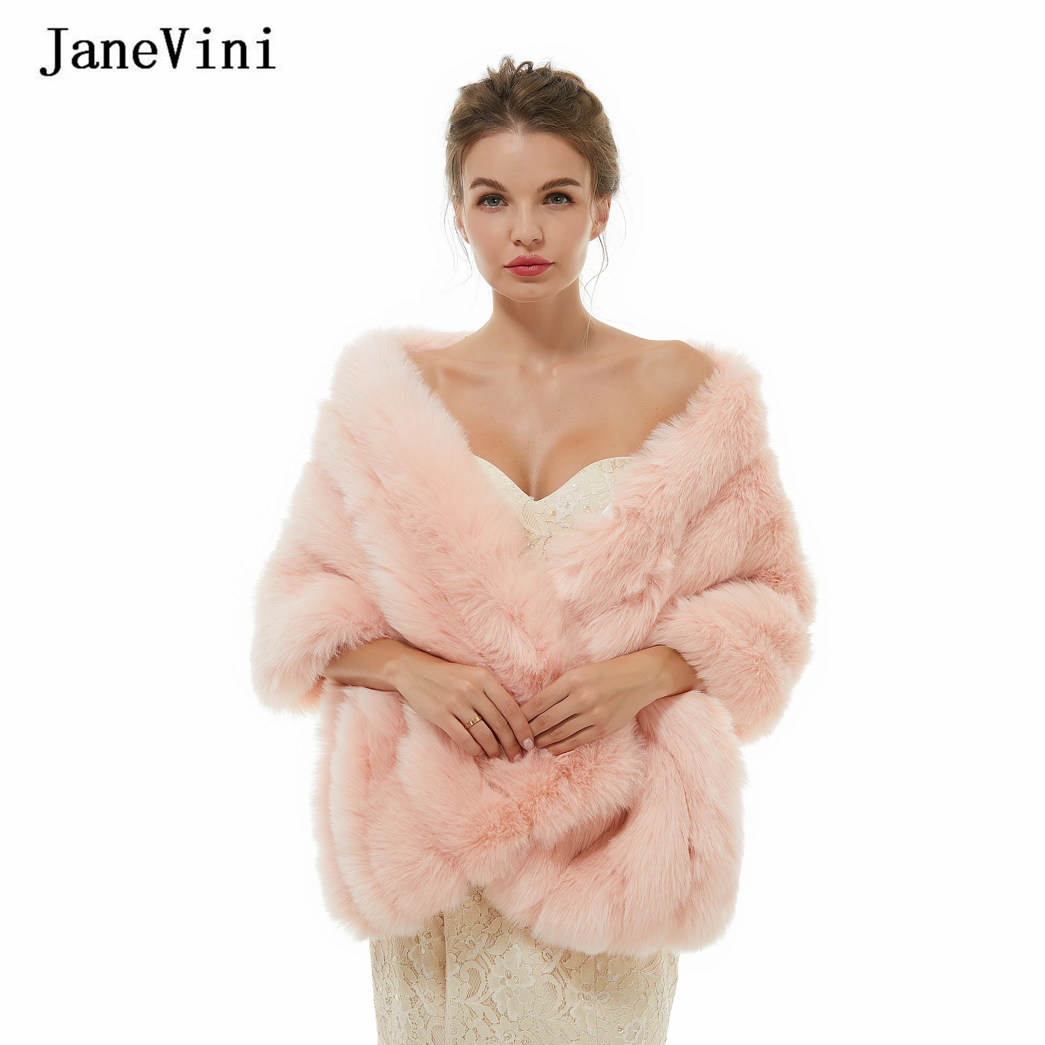 JaneVini Neue Braut Faux Pelz Schal Wrap Winter Warm Hochzeit Bolero Rosa Hohe Qualität Braut Mantel Jacke Frauen Abend Party cape