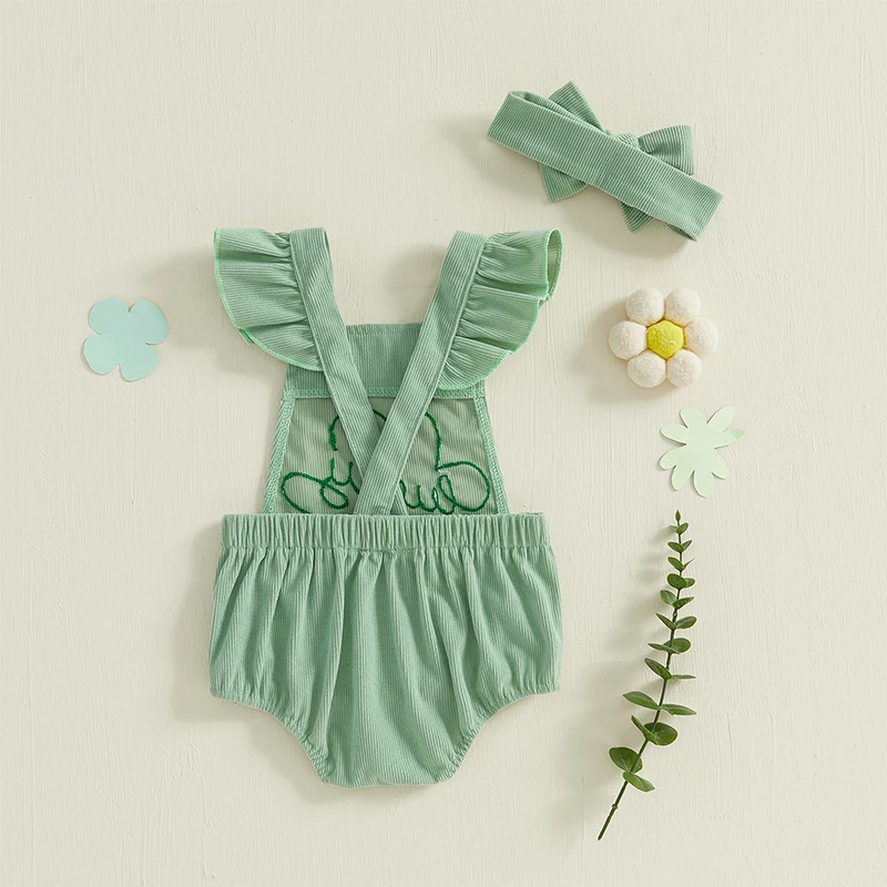 

Infant Girls Rompers Irish Apparel Alphabet Shamrock Stitching Velvet Frills Sleeveless Spring s Playsuits with Hair