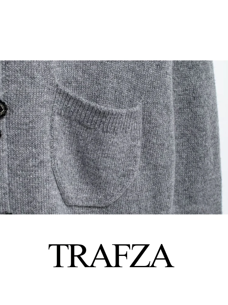 TRAFZA-jaqueta de malha comprida para mulheres, suéter de peito arco com bolso, adornada, elegante e elegante, rua alta, novidade para o outono