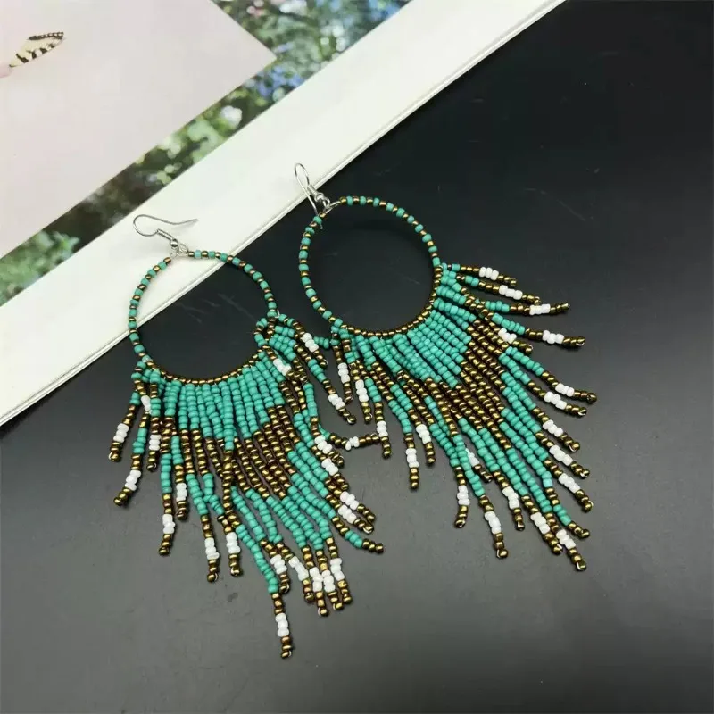 Bohemian Long Dangle Earrings Retro Ethnic Rice‑Bead Design Minimalist Vacation Women Jewelry Ornament