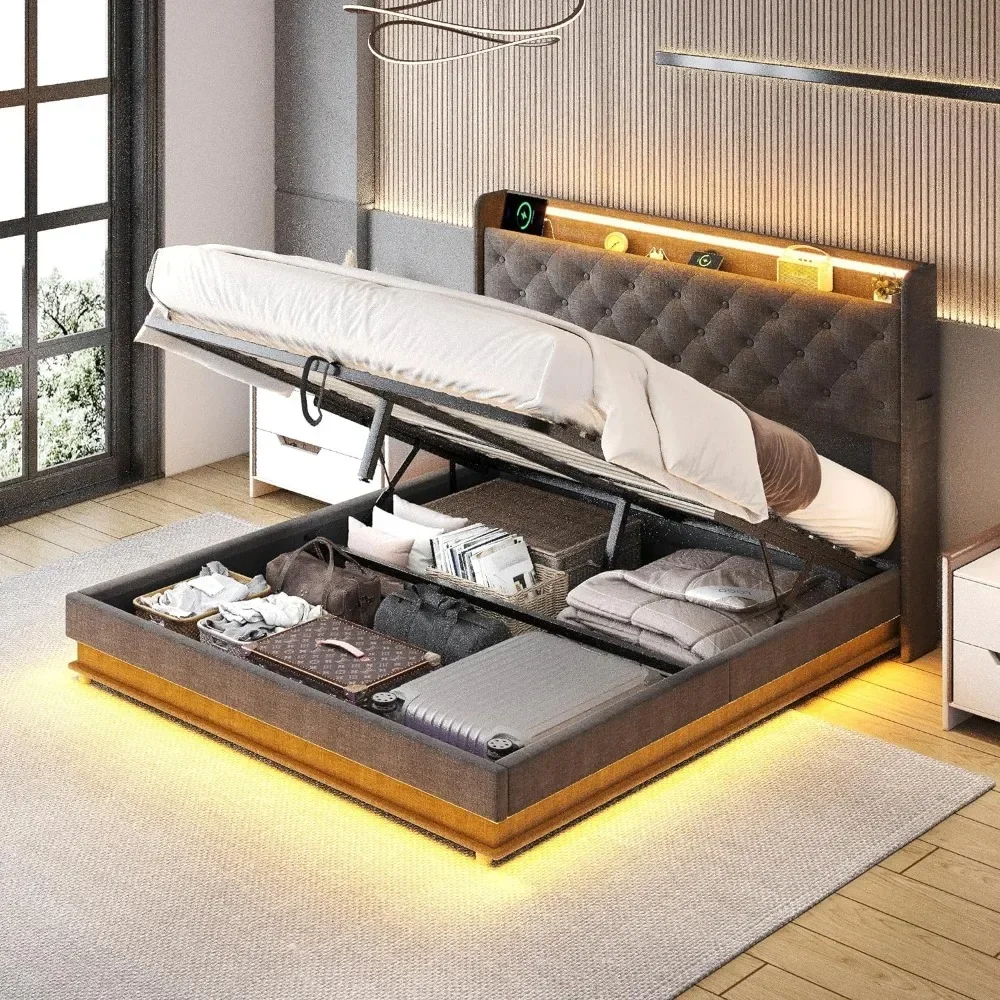 For Queen Size Bed Frame with Lift Up Storage, Upholstered Platform Bed with Charging Station&Led Lights, Queen Bed - view 2