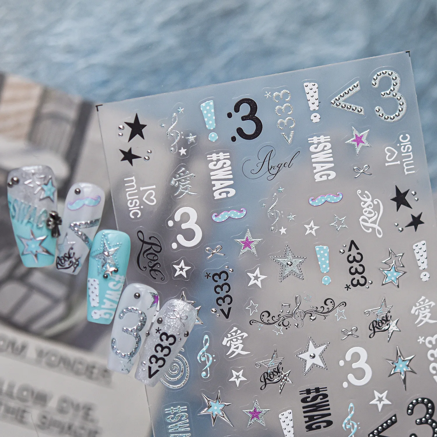 Metal Y2K Millennium Spicy Girl Nail Stickers Blues Vintage Blue Mark Silver Edge Musical Note Star Number Nail Accessories DIY