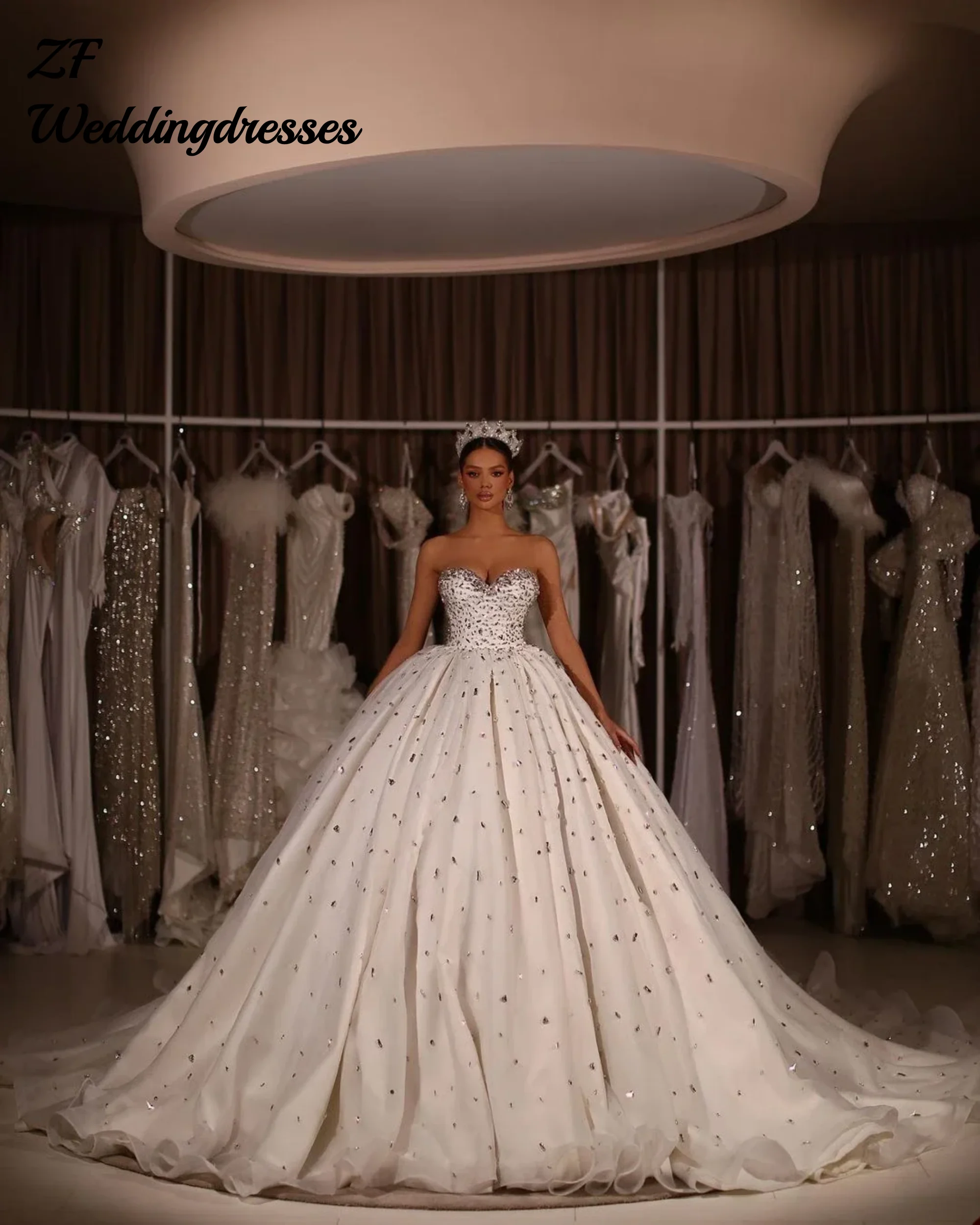 Customized Sweetheart Shinny Crystals Beads Wedding Dresses  Sweep Train Ballgown Puffy Bridal Gowns Vestido De Novia