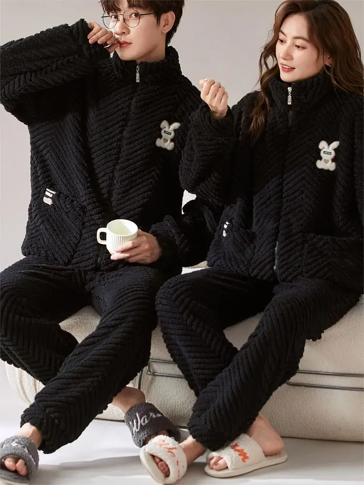 Couple Look Winter Sleeping Pajamas Fleece Sets for Women 2 Pieces Room Wear Underwear Men Sleepwear The Nightgown Pyjama