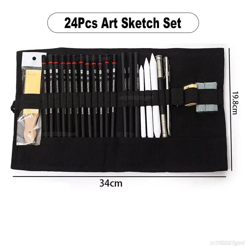 Analyste de croquis d'art avec trousse à outils, crayon 2H-8B, gomme malaxée au charbon de bois doux et dur, dessin d'artiste, papeterie, 24 pièces