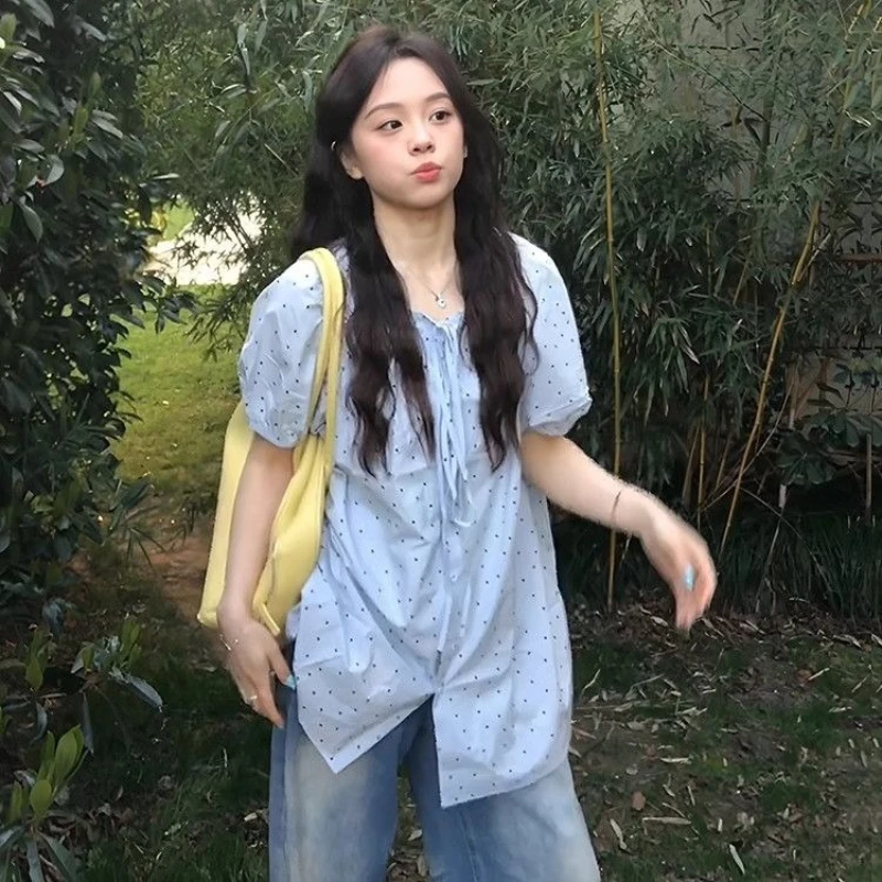 

Sweet Korean Preppy Puff Short Sleeve Casual Blouse New Fresh Polka Dot Print Office Lady Women Clothes Y2k Lazy Buttons Tops