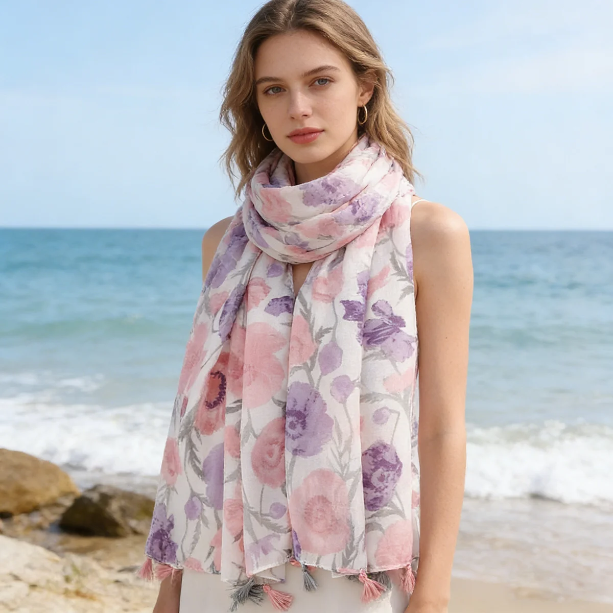 Women's Pink & Purple Color-block Floral Print Scarf, Lightweight Breathable Polyester Neck Scarf, 88x180cm Large Decorative Sha