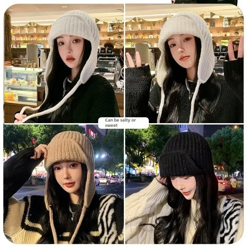 ファッション耳保護ニット帽子冬暖かい防寒フライングキャップ無地ウールかぎ針編みボンネット韓国女性ウールビーニー