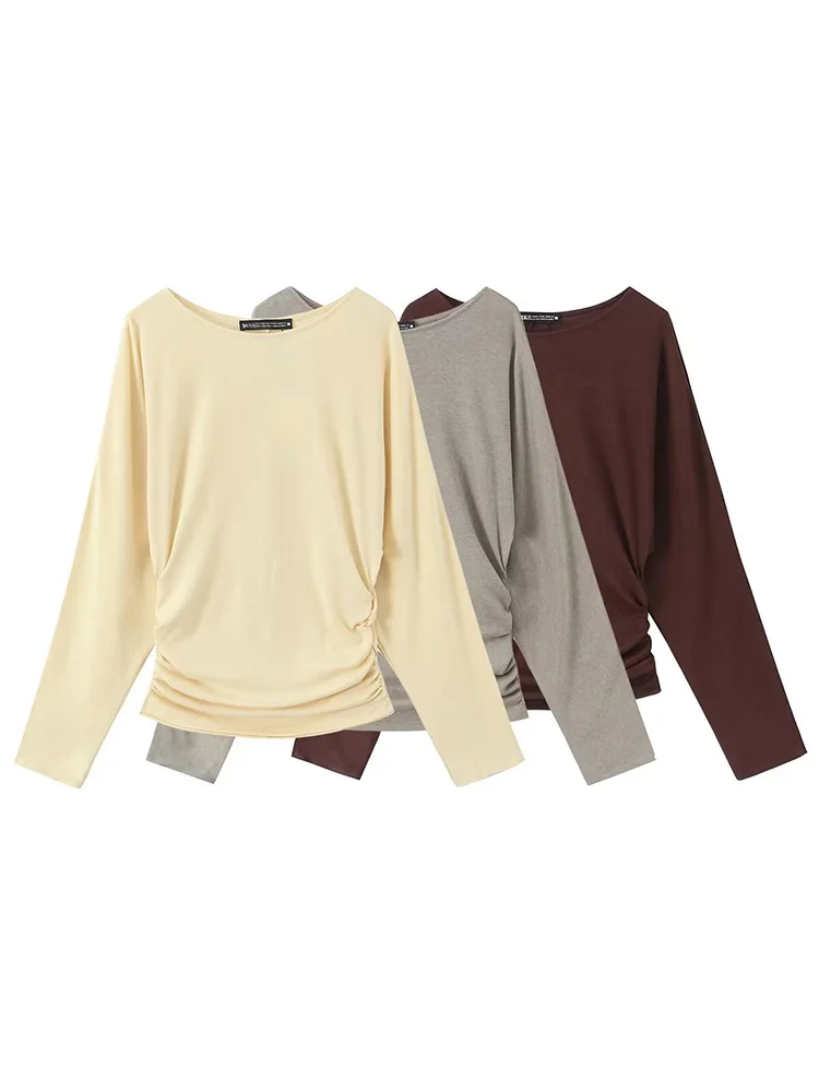 

Женская повседневная приталенная футболка с длинным рукавом, однотонная, с плиссировкой и круглым вырезом, новая модная модель, 3 цвета