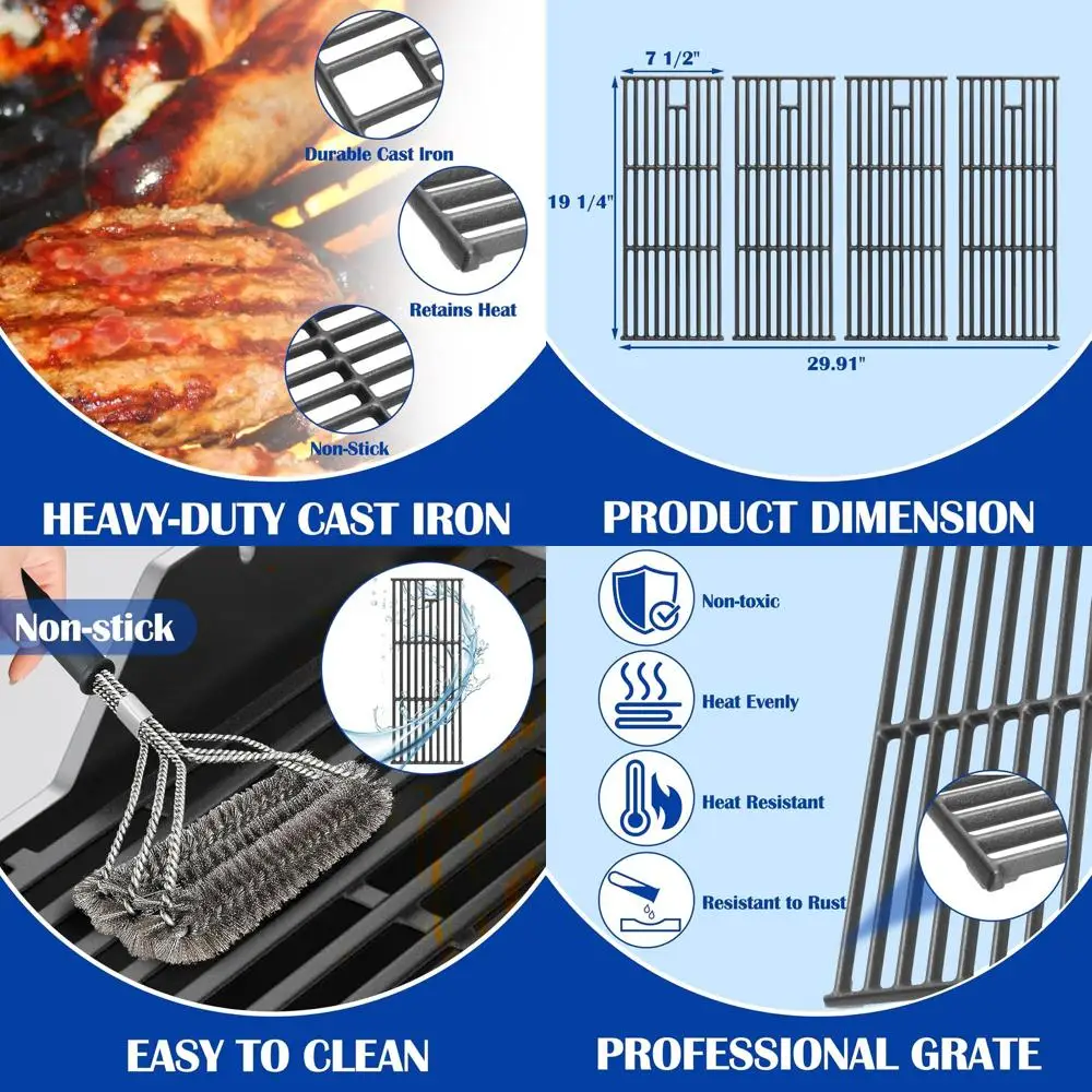 

Replacement Cast Iron Grates for 4-Burner BBQ Grills - Compatible with Bull Angus, Steer, Outlaw, Lion Premium Models