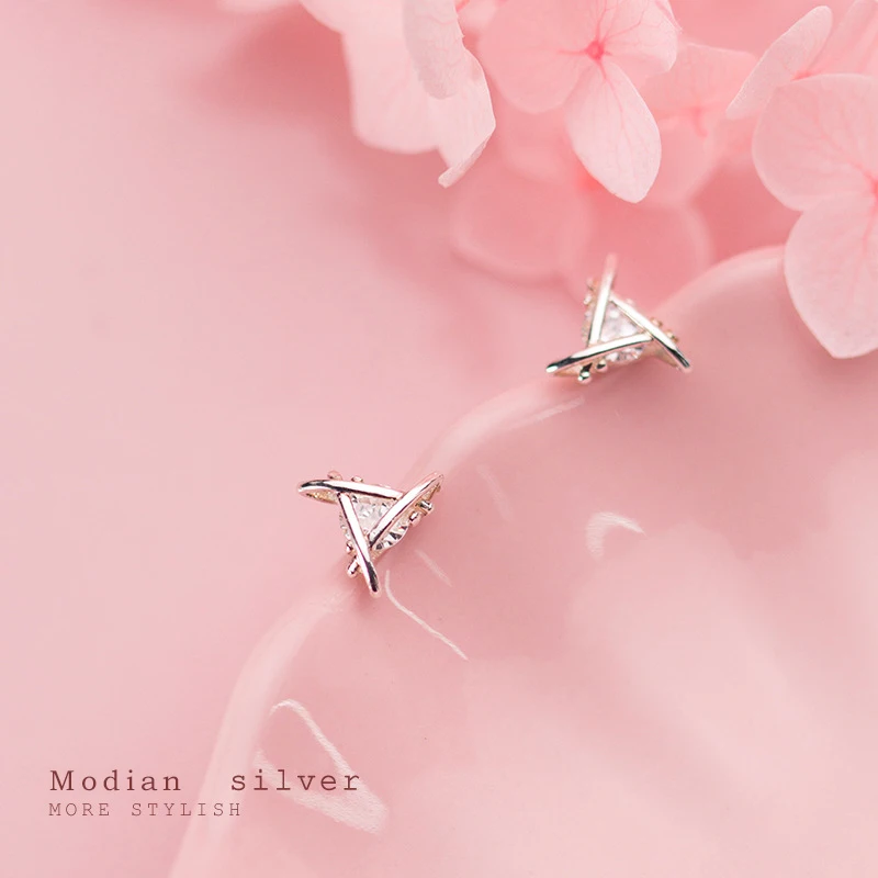 Modian Sparkling AAA Zircon Triangle Sterling Sliver 925 Stud Earring for Women Trendy Anti-Allergy Ear Pin Fine Jewelry Gift image 4