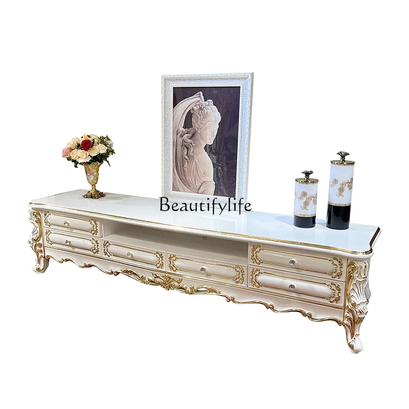 

6French solid wood TV cabinet, European living room TV background cabinet