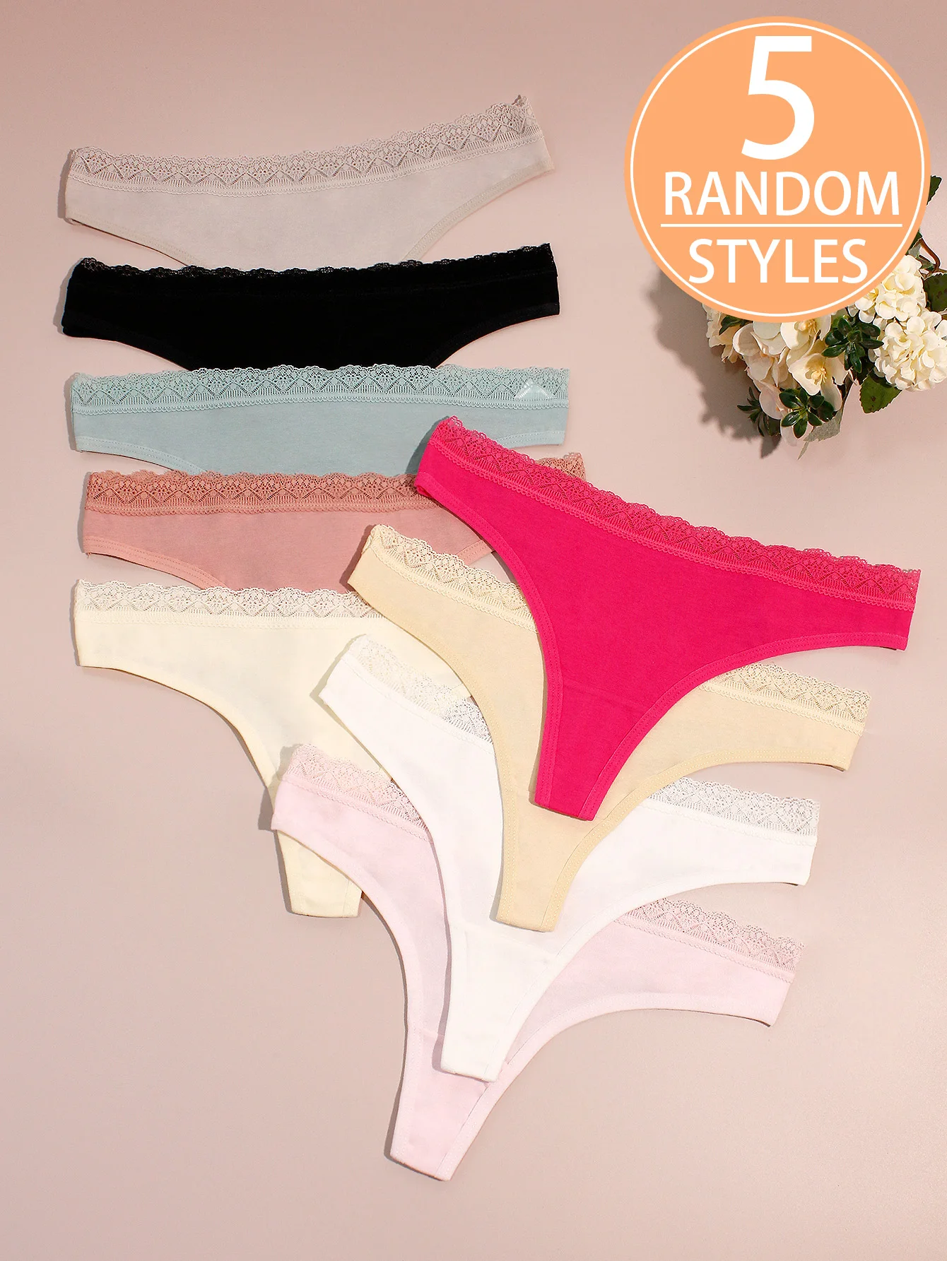 5-Pack Mixed Color Lace-Trimmed Comfortable Pure Cotton Women's Triangle Underwear Non-Restrictive Cotton Crotch Girls' Panties