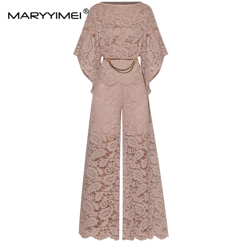 

MARYYIMEI Summer Fashion Designer Women Nude pink Lace Trousers Suit Flounces Sleeve Loose Belt Shirt + High Waist Flare Pants