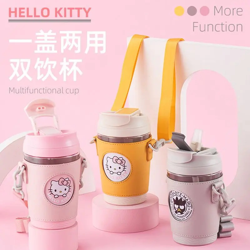 

hot 500ml hello kitty children's straw cup Sanrio casual cup portable direct drink cartoon double drink milk coffee tea cup belt