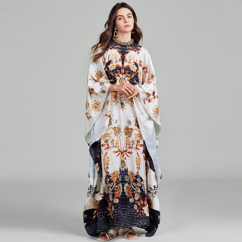 

Luxury Crystal Beading Diamonds Loose Maxi Dress For Women Batwing Long Sleeve Flower Print Oversized Muslim Party Vestidos