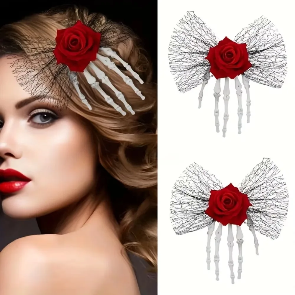 Vintage Gothic Skull Hair Clip with Faux Roses Lace Fashionable Side Hairpin for Party Halloween Decor Everyday Hair Accessories - view 5