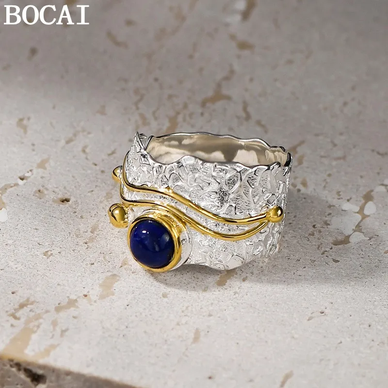 BOCAI S925 Sterling Silver Charms Rings for Women New Fashion Tin Foil Irregular Texture Lapis Lazuli Personality Punk Jewelry