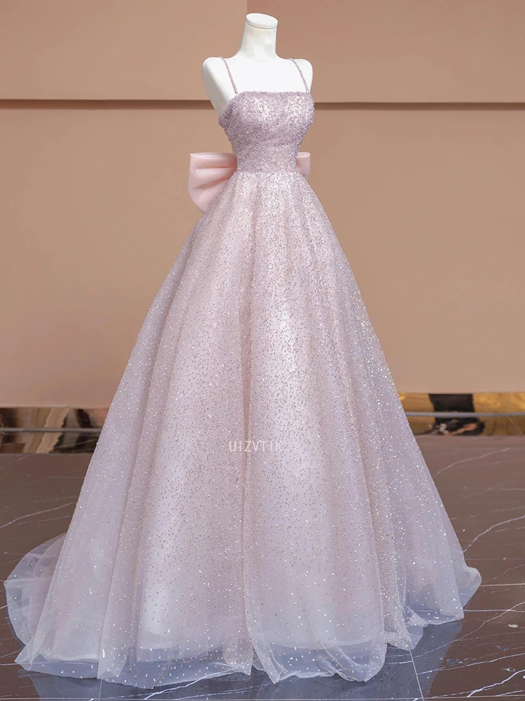 

Pink Elegant Shiny Prom Gown Women Spaghetti Straps A-Line with Bow Back Formal Party Evening Gown Celebrity Dresses Customized