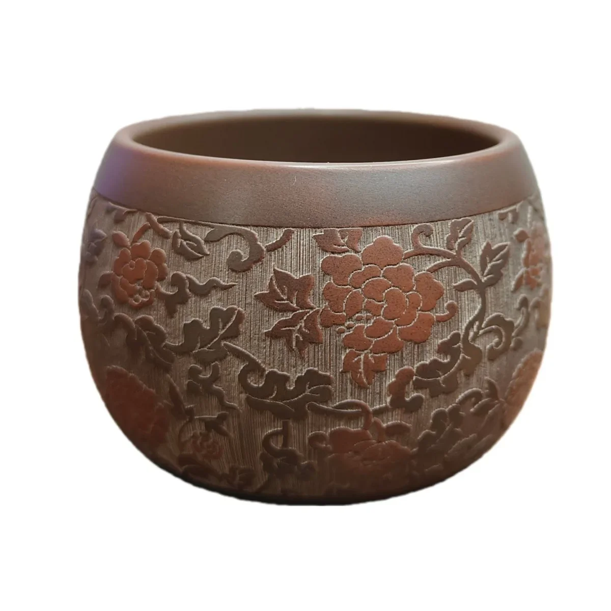 Qinzhou Nixing pottery hand-carved peony flower drinking water ceramic teacup single large capacity 100ml