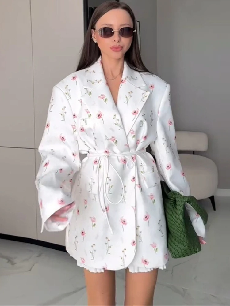 

FDYOUI Elegant Floral Print Blazer Outerwear Women's Single Button Lace-up Suits Office Lady Long Sleeve Loose Costs High Street