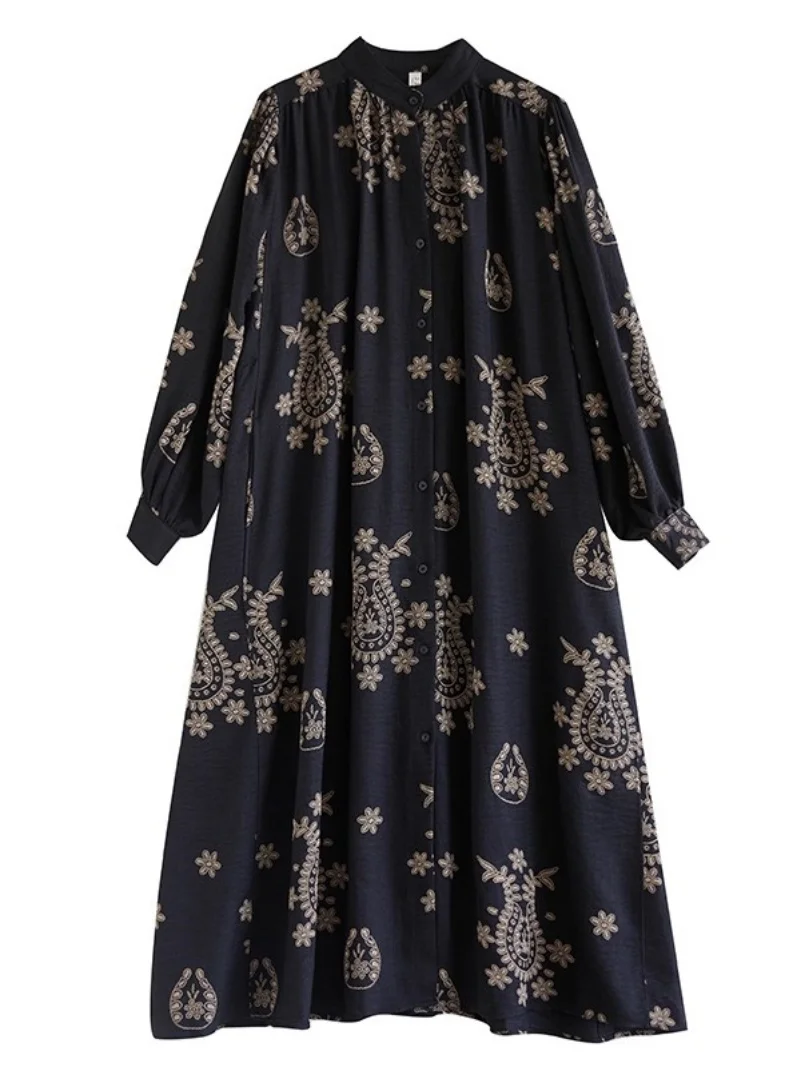 2025 Spring And Autumn Women Loose Large Size Stand Up Collar Fashionable Printed Dress Mid Length Temperament Shirt Dress w1323