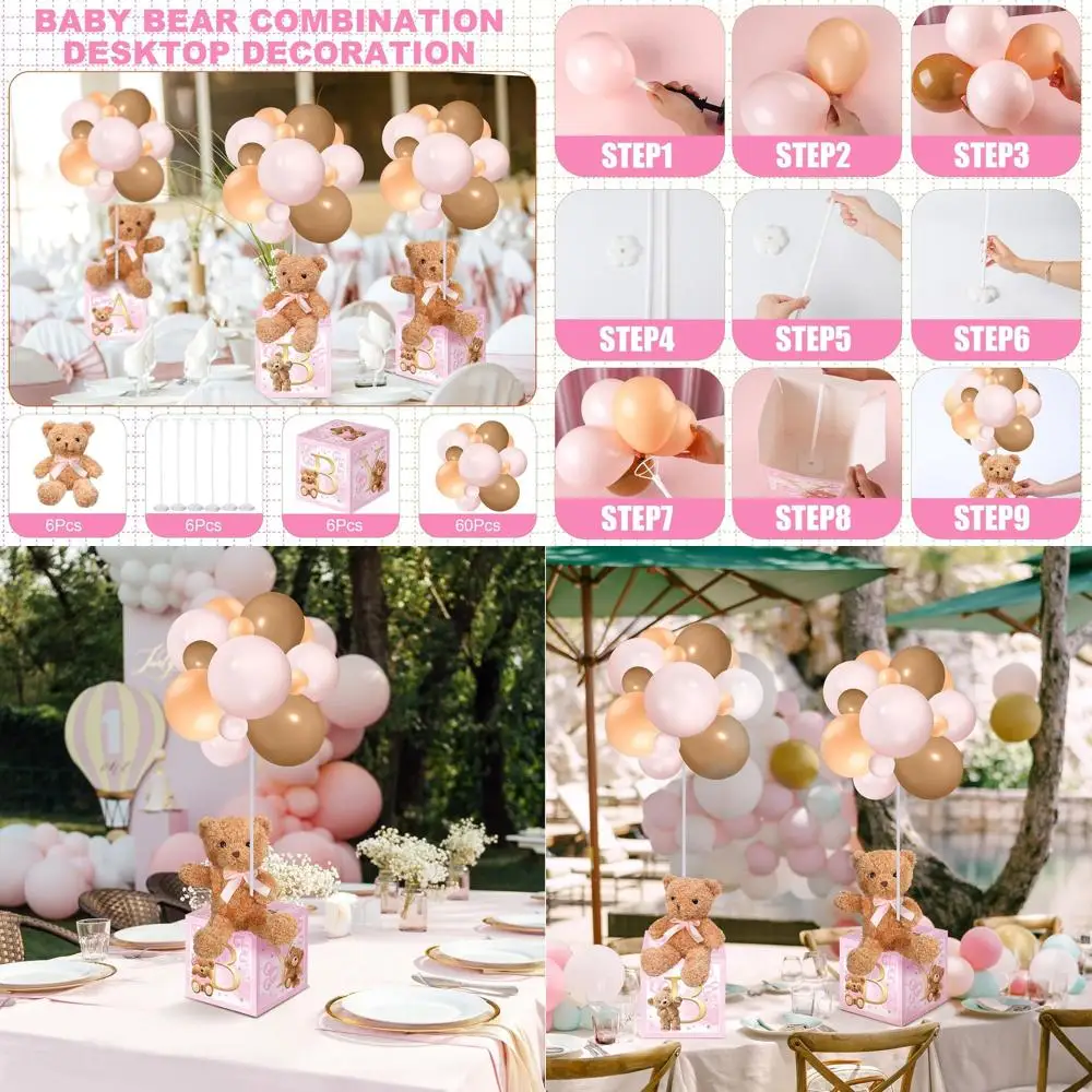 

6 Pink Bear Themed Baby Shower Decorations, Letter Boxes, Table Centerpieces, Stuffed Animals, Balloons with Stand, Plush Toys,