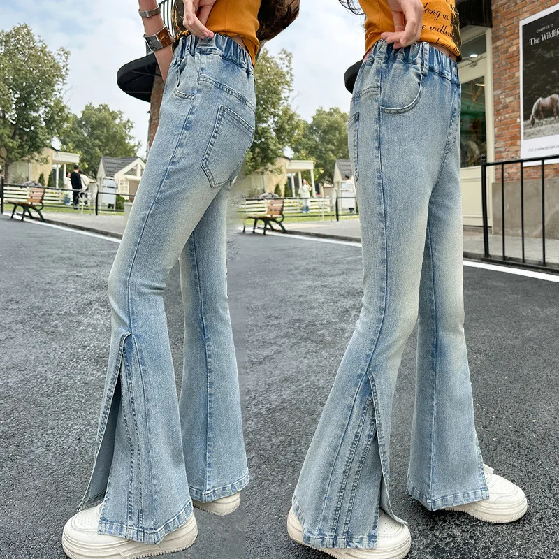 Child Slim Close-fitting Split Leg Flared Jeans For Girls Elegant Boot Cut Denim Leggings Pants Kids Fashion Trousers Autumn