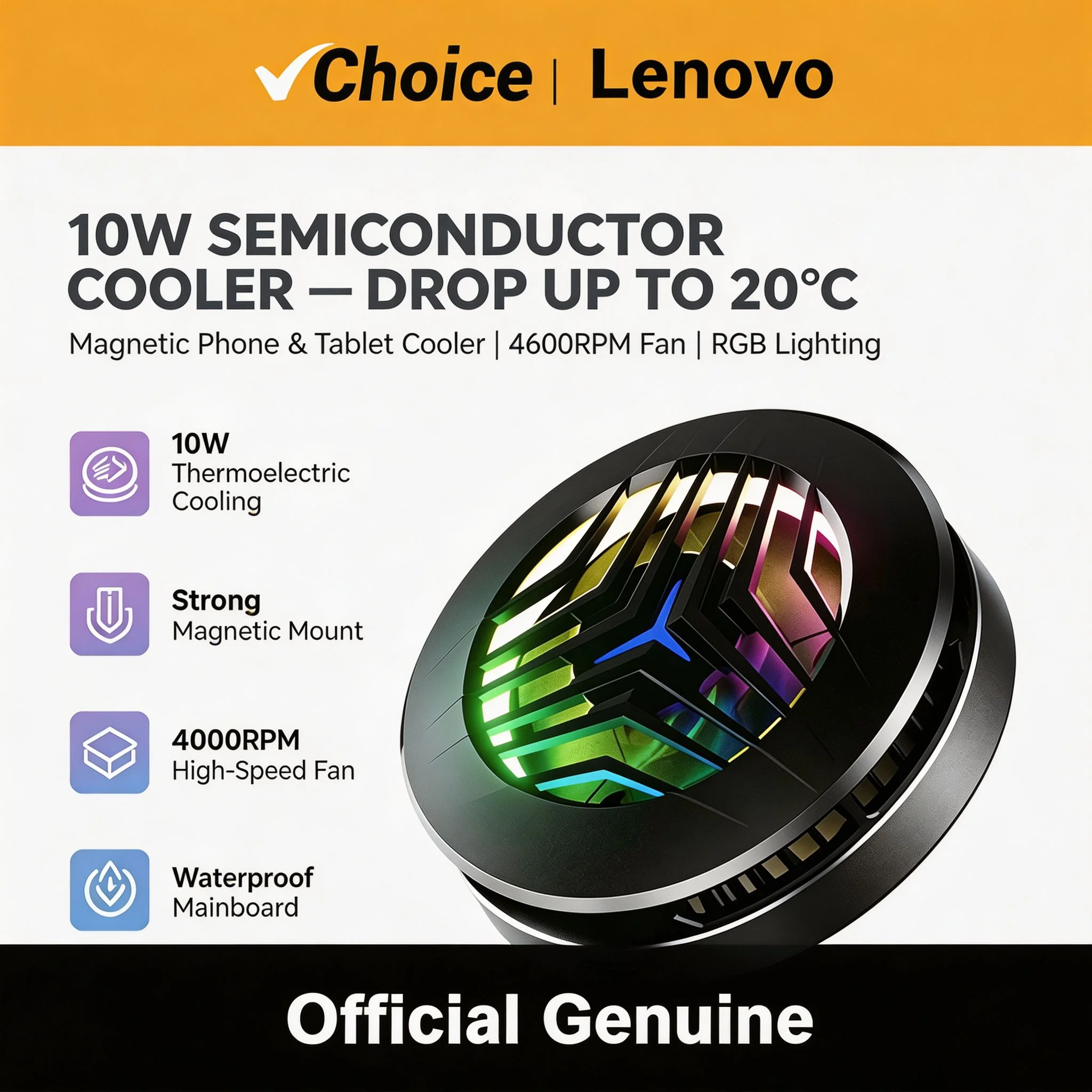Lenovo Legion Magnetic Cooler 20C Drop 10W Semiconductor RGB Fan 4600RPM Quiet USB Type-C Magsafe for Gaming Phone Tablet Cooler