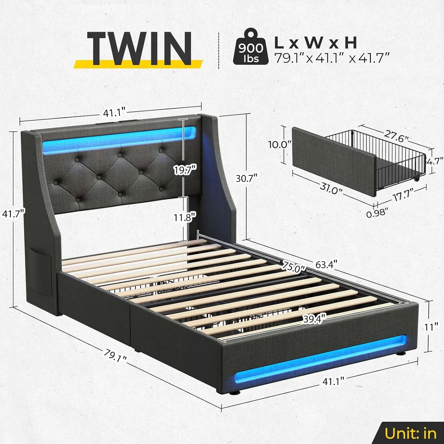 Twin Bed Frame with LED Lights and Charging Station, Upholstered Bed with Drawers, Wooden Slats, Noise Free, Easy Assembly, Dark