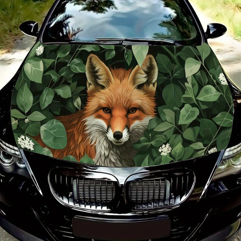 

Serene Green Forest Fox Shadow Car Hood Vinyl Wraps Sticker, PVC Waterproof Car Bonnet Decals, Self-Adhesive Scratch-Resistant S