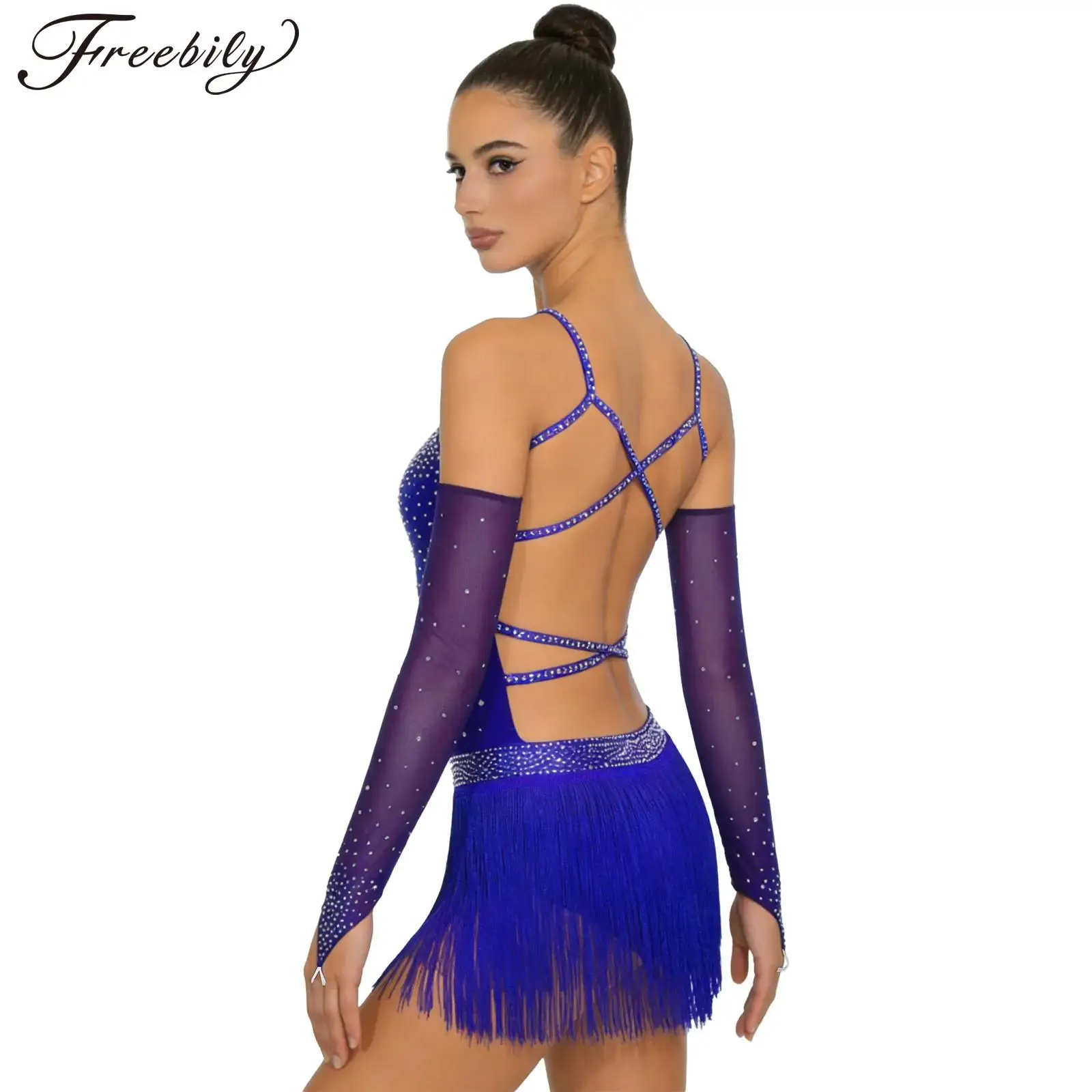 

Женские костюмы для латиноамериканских танцев с перчатками, костюм для выступлений на фигурном катании, платье с бахромой и стразами для танцевальных соревнований