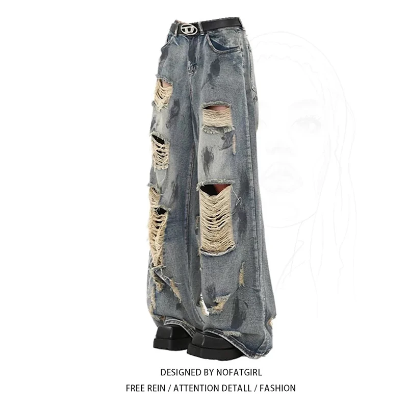 

YIBASHU Womens Blue Jean High Waist Vintage Y2K 2000s Summer Denim Pants Ripped Streetwear American Wide Leg Baggy Denim Trouser