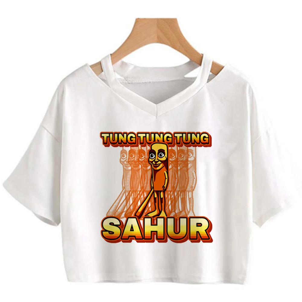 Tung Tung Tung Sahur cropped top ladies alternative  meme harajuku 2000s party t shirt alternative  goth kawaii party japanese