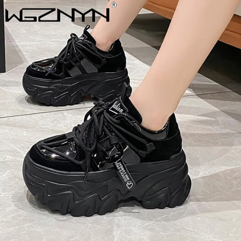 Autumn Breathable Thick Bottom Casual Shoes New 2024 Women\'s Chunky Leather Sneakers 8cm High Platform Ulzzang Sports Dad Shoes