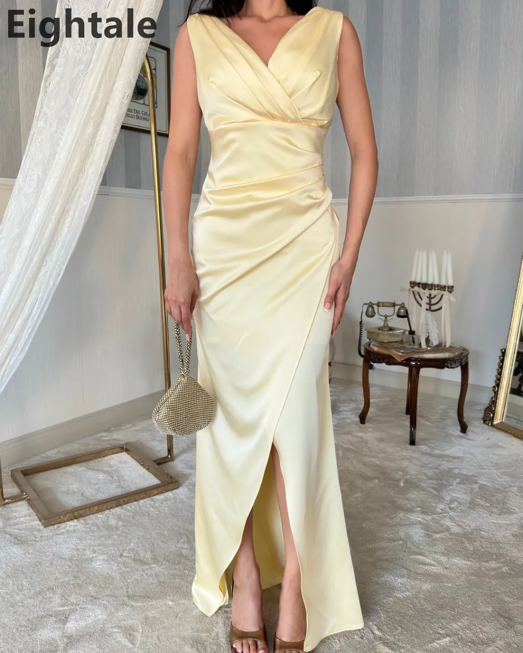فستان Eightale 2024 من الساتان الأصفر حورية البحر للحفلات الراقصة ورقبة على شكل V مثير بفتحة فستان سهرة للنساء فستان رسمي للحفلات رداء De Soirée