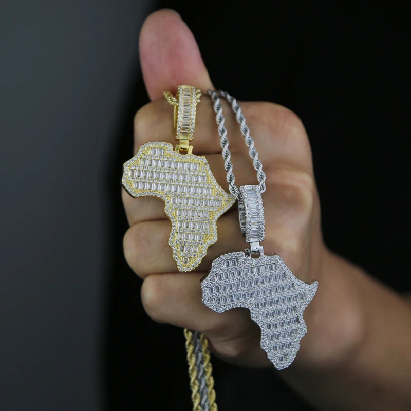 New Arrive Rectangle Cubic Zirconia CZ Paved Bling Africa Map Shaped Pendant Necklace Hip Hop Men Boy Cool Meaning Jewelry