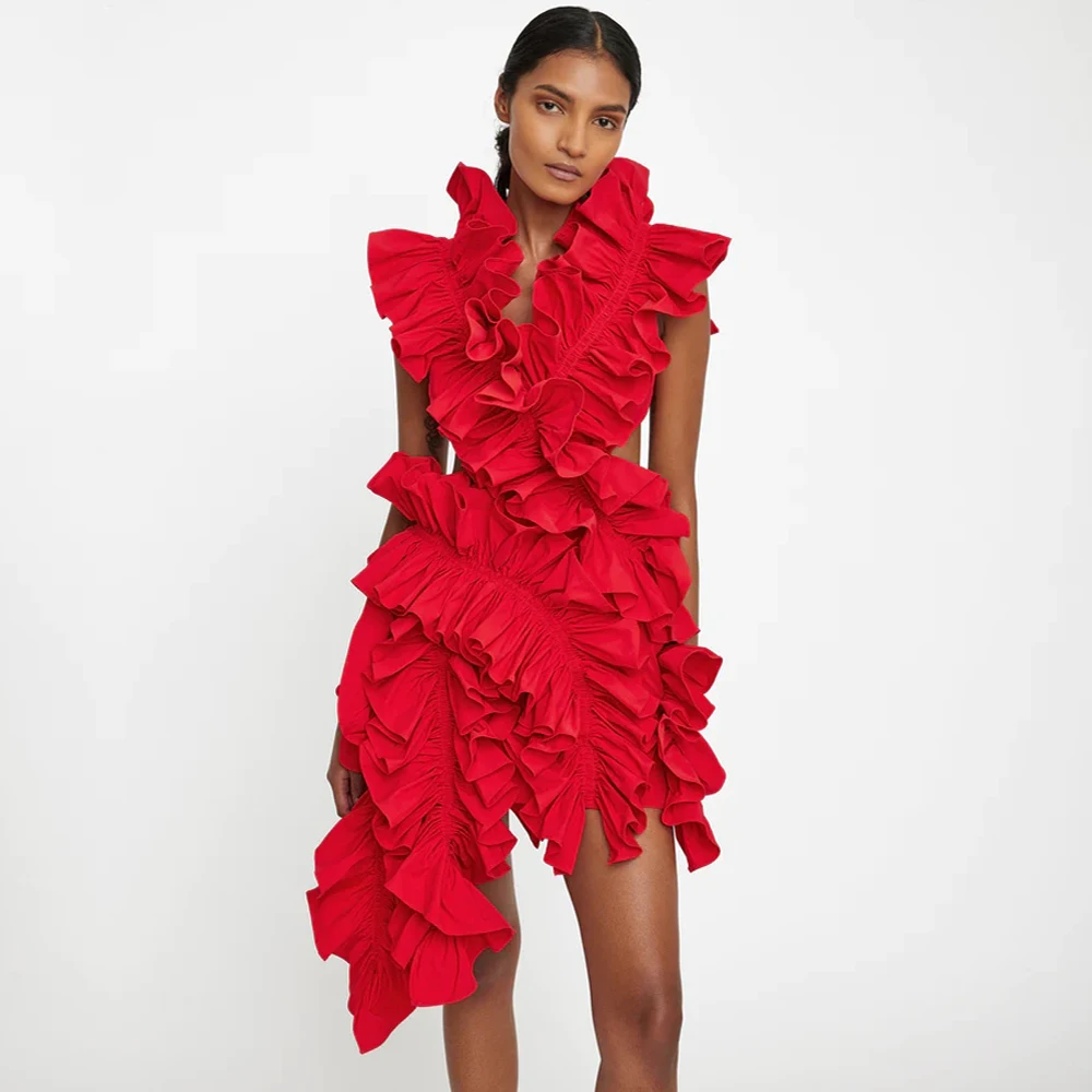 

Spring 2024 Ruffle Mini Dress Asymmetric Red Ruffled Unique Prom Gown Women Short Formal Party Dresses فساتين للحفلات الراقصة