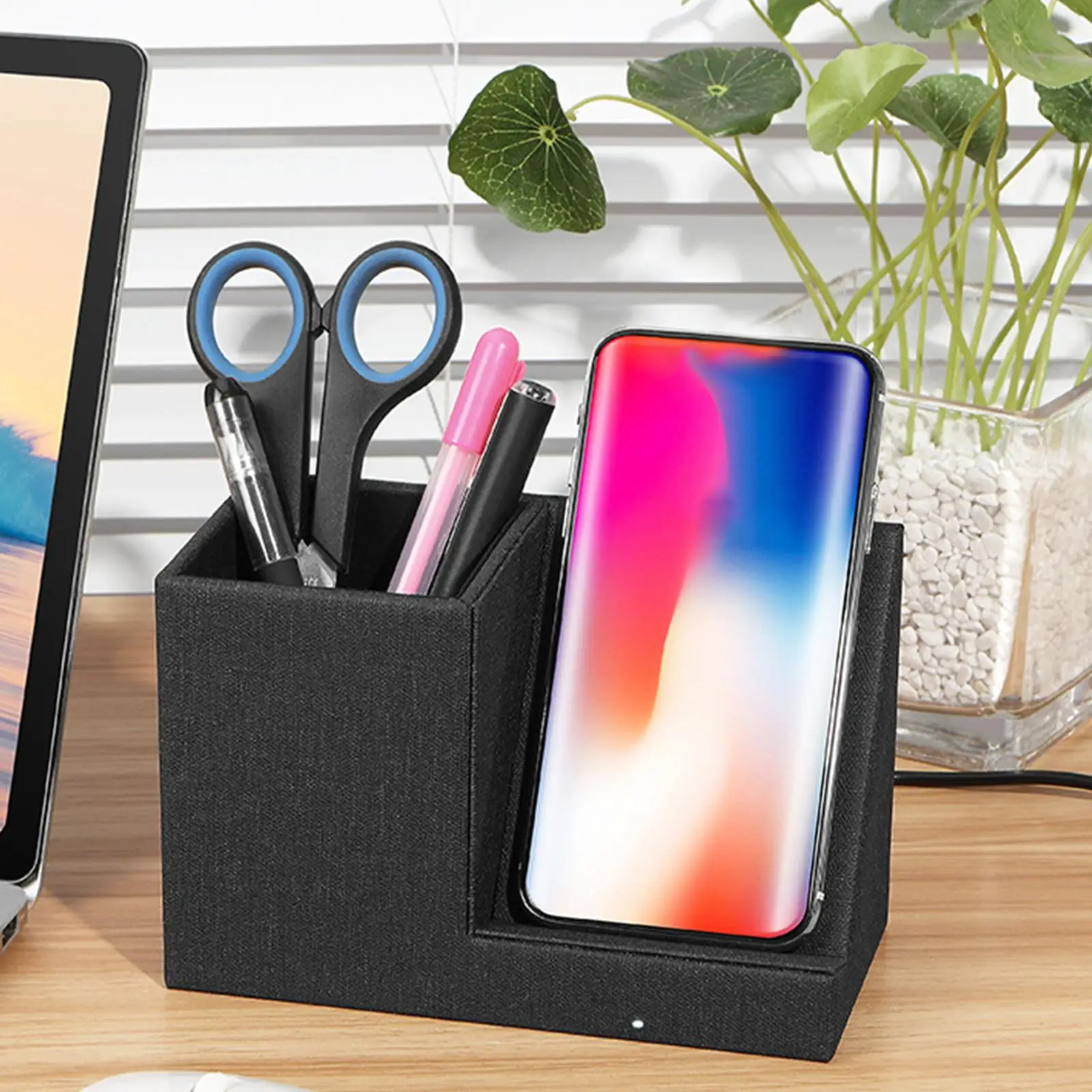 PU Leather Pen Holder Charging Stand with Wireless Phone Charger Desk Organizer for Office Home Nightstand Storage
