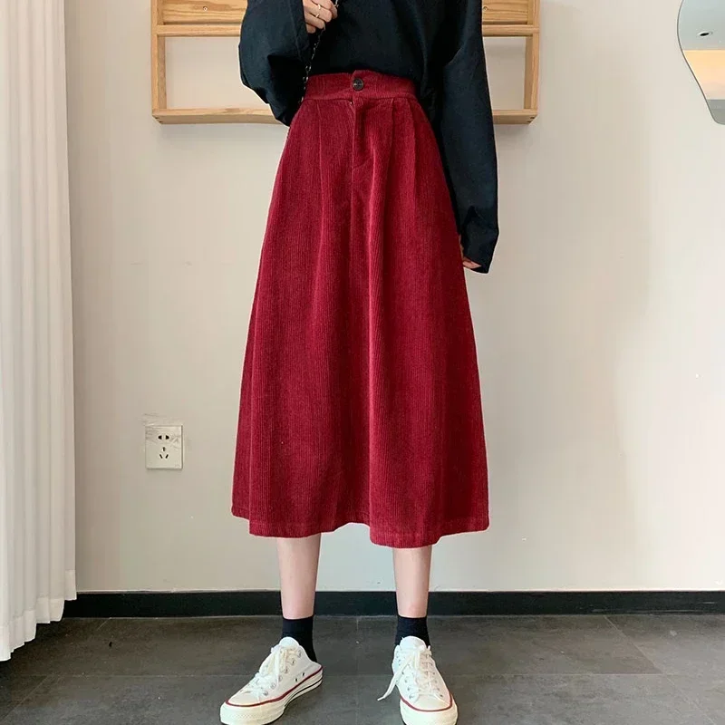 Vintage Corduroy Midi Skirt Women High Waist Pleated A Line Skirts Autumn Winter Streetwear Korean Casual All Match Faldas New