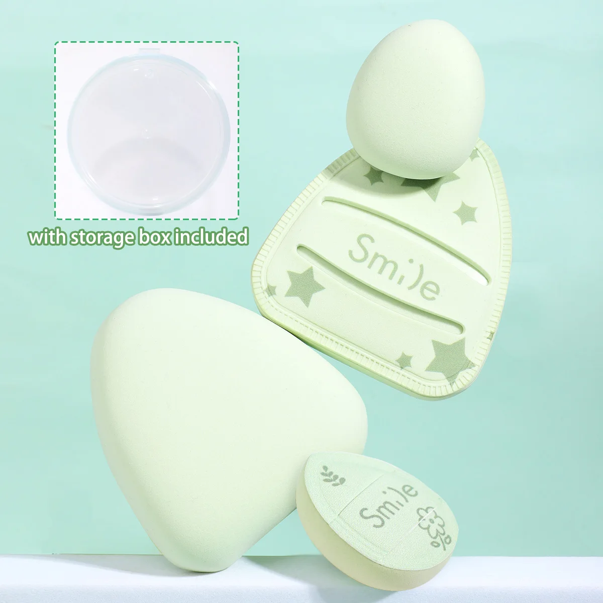 3PCS puff combination, including 1 big matcha green puff +1 detailed puff +1 storage box, a good choice for beauty tools