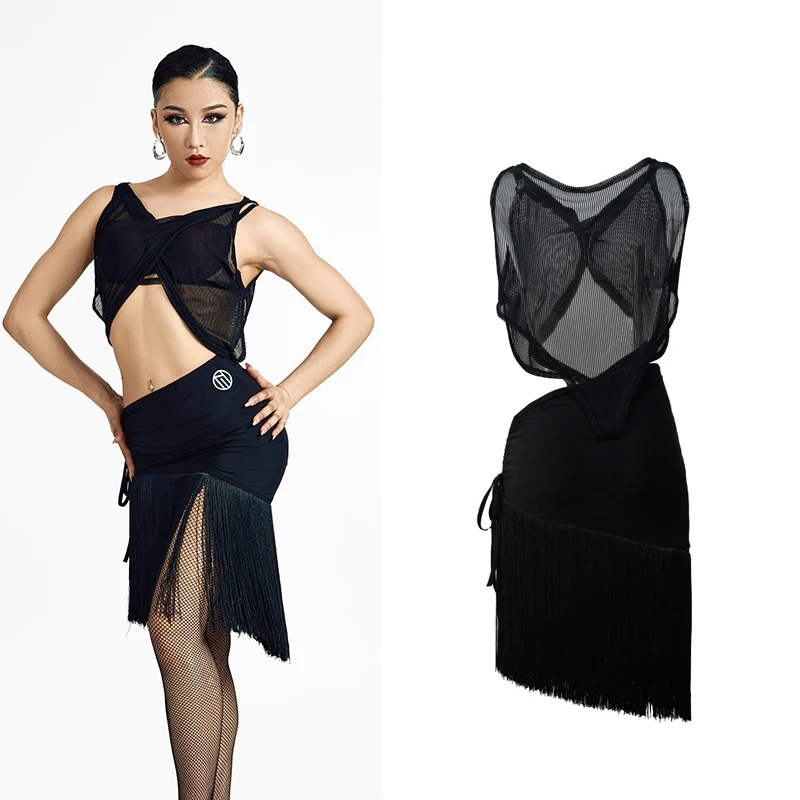 

Женское платье для латиноамериканских танцев, откровенное Сетчатое платье для тренировок, танго для взрослых, костюмы для латиноамериканских танцев, DN17831, новинка 2024